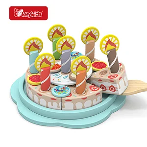 Wooden Fruit Birthday Cake Play Set with Pink and Blue with Candles, Toppings and Serving Spatula for Pretend Play W10B528