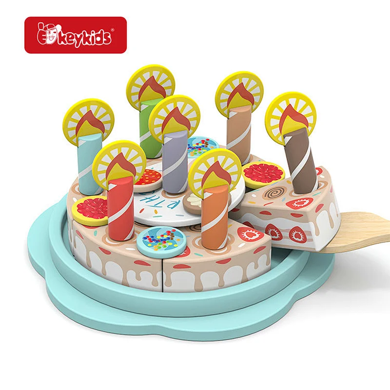 Wooden Fruit Birthday Cake Play Set with Pink and Blue with Candles, Toppings and Serving Spatula for Pretend Play W10B528
